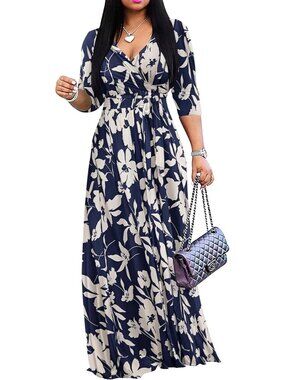 Womens Casual Summer Maxi Dress Plus Size Sexy Warp V Neck 3/4 Sleeve Sundress w